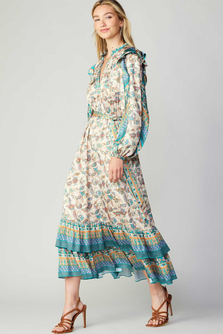 Ruffled Long Sleeve Floral Maxi Dress, Pink/Green