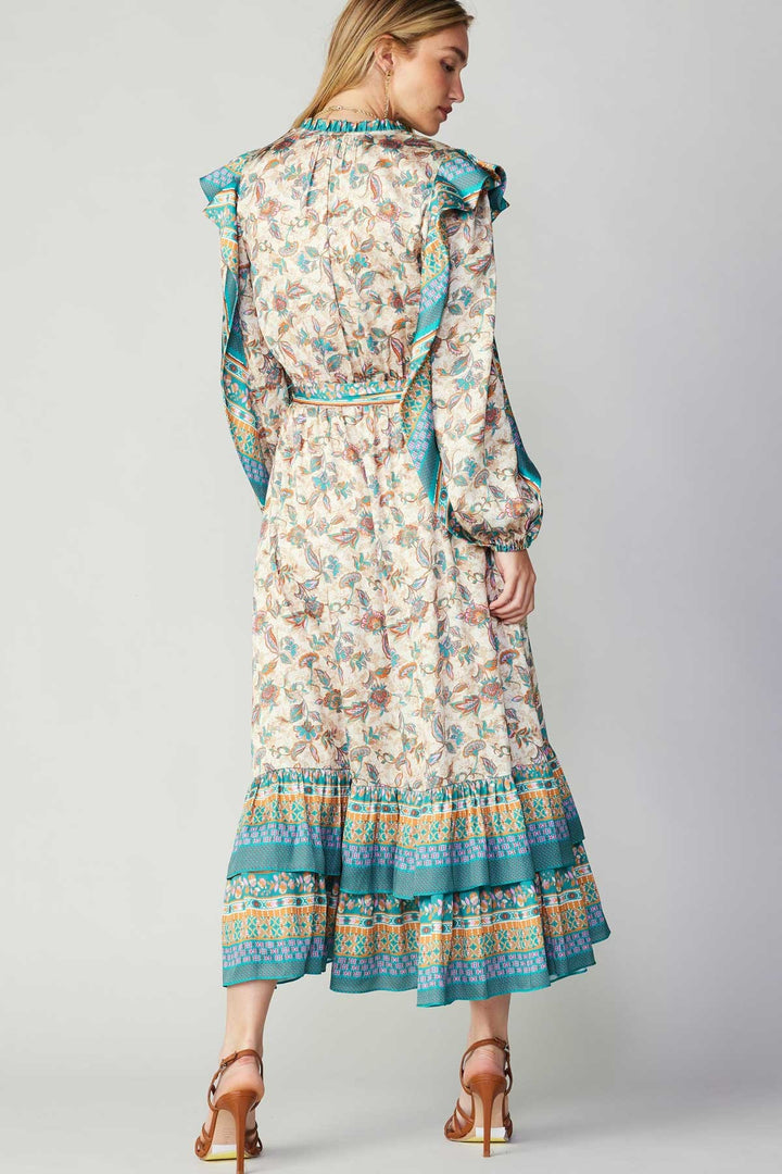 Ruffled Long Sleeve Floral Maxi Dress, Pink/Green