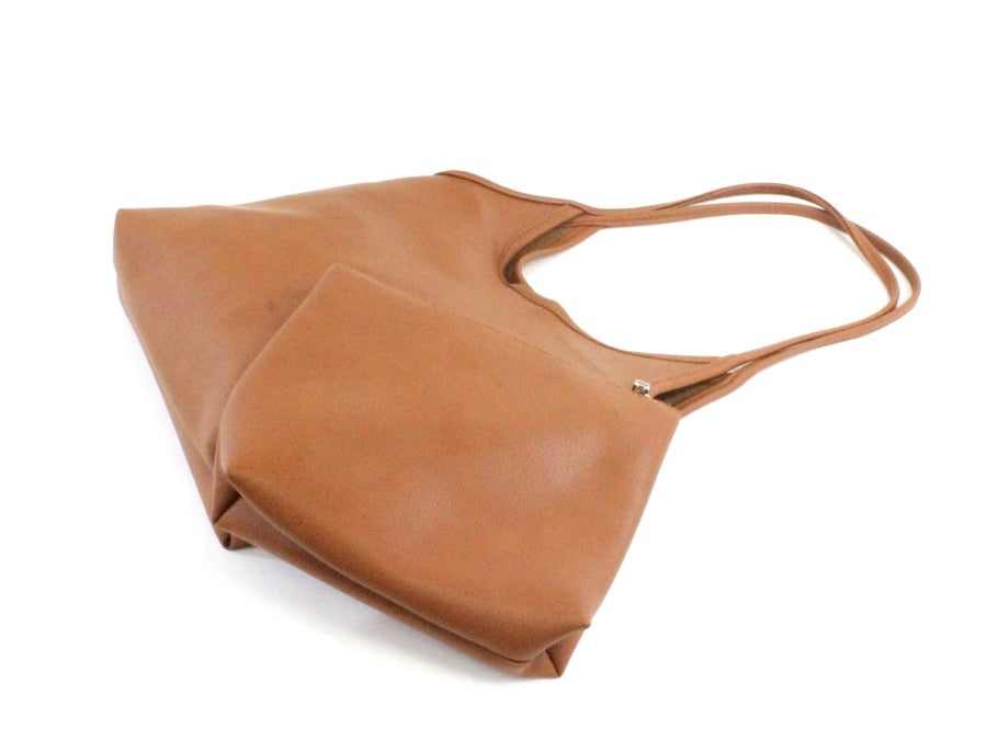 Vegan Leather Market Tote w/ Pouch, Brown