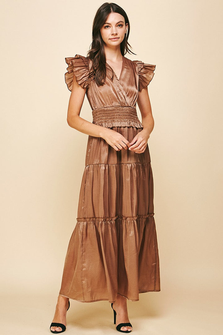 Metallic Flutter Sleeve Maxi Dress, Mocha