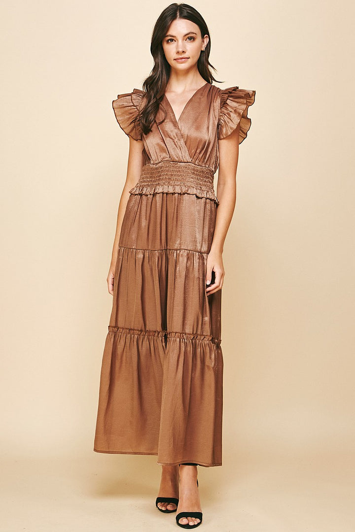 Metallic Flutter Sleeve Maxi Dress, Mocha
