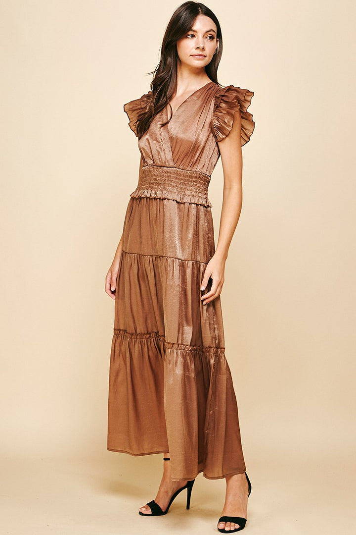 Metallic Flutter Sleeve Maxi Dress, Mocha