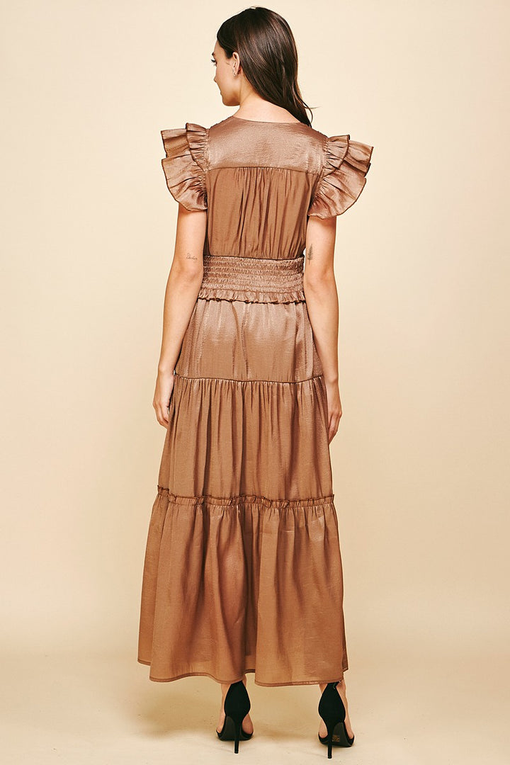 Metallic Flutter Sleeve Maxi Dress, Mocha