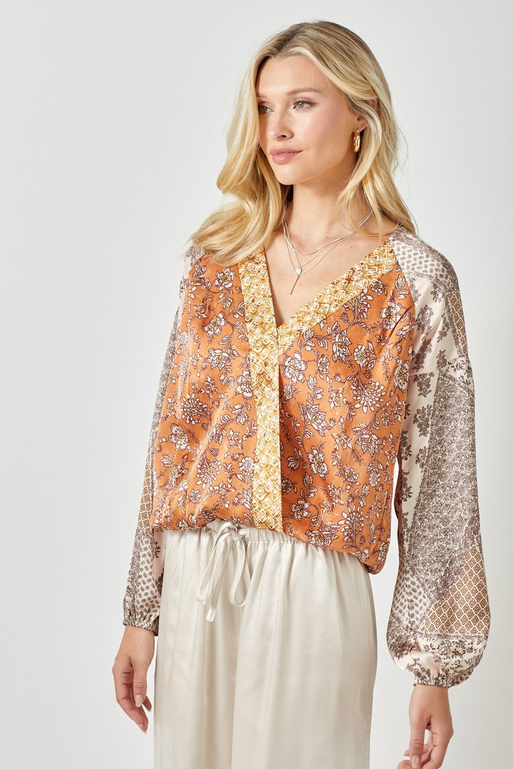Mixed Floral Satin Surplice Top