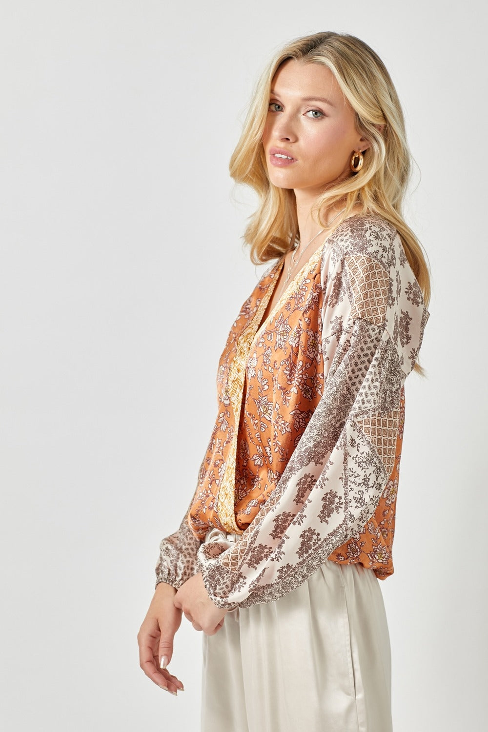 Mixed Floral Satin Surplice Top