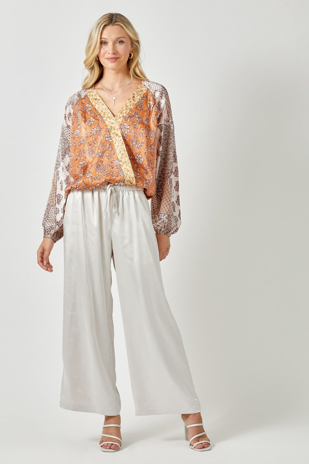 Mixed Floral Satin Surplice Top