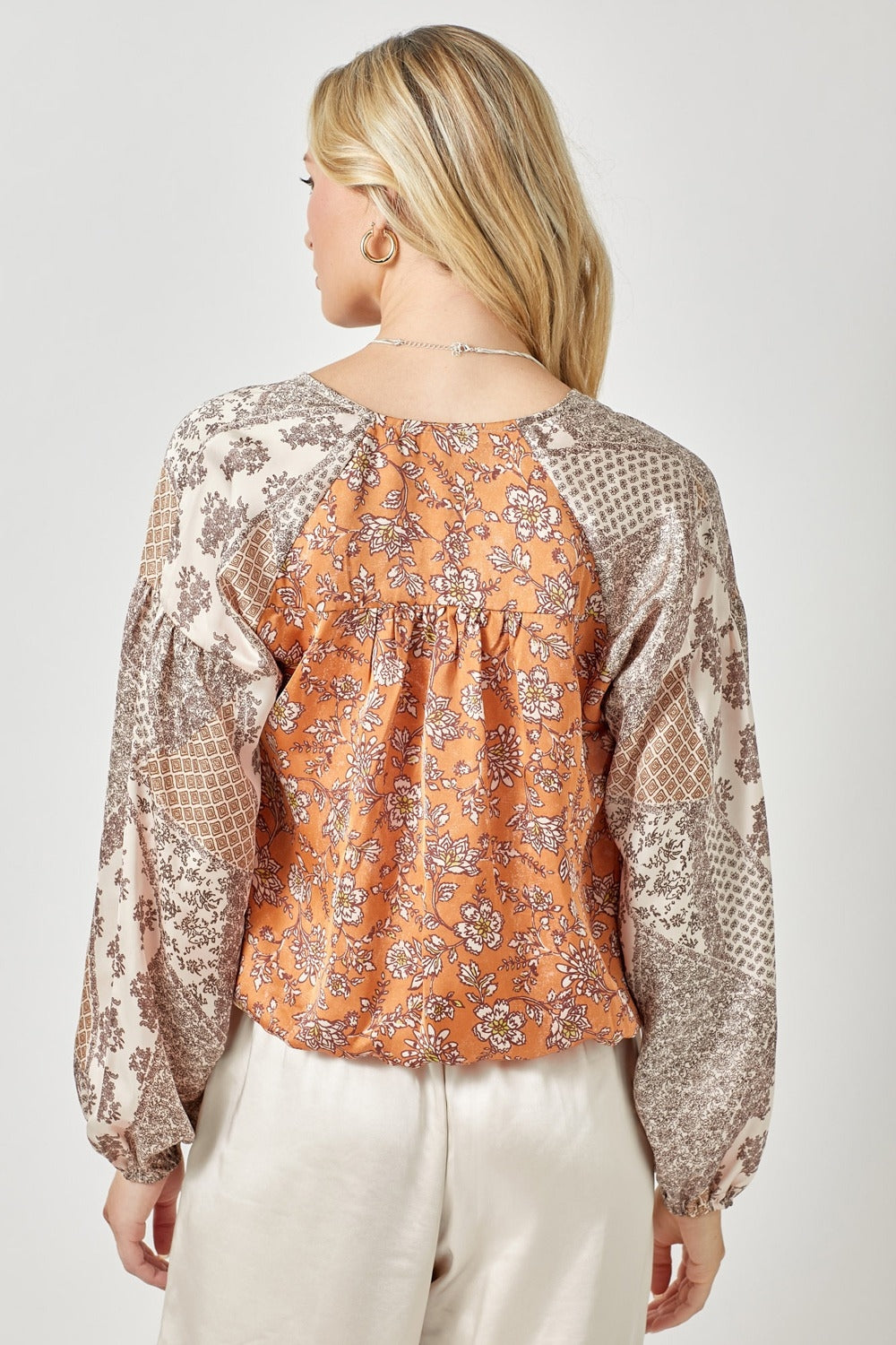 Mixed Floral Satin Surplice Top