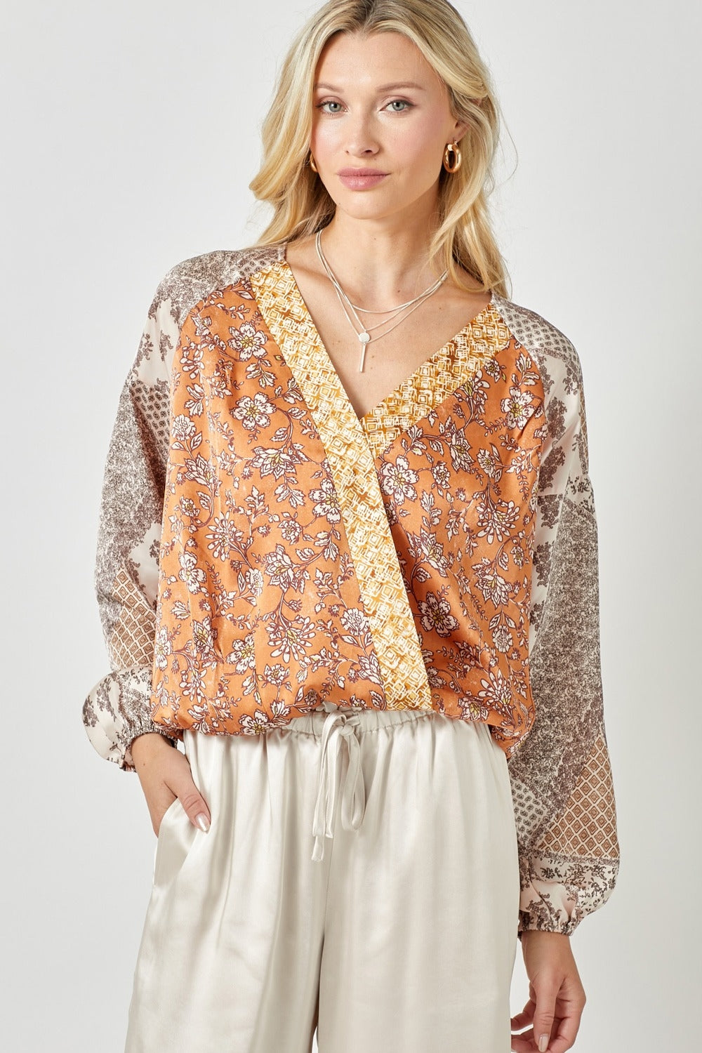 Mixed Floral Satin Surplice Top