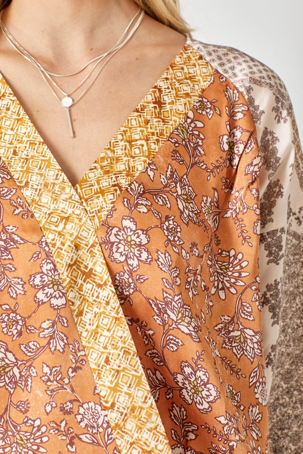 Mixed Floral Satin Surplice Top