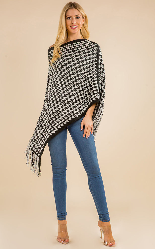 Houndstooth Printed Poncho w/ Tassel, Black