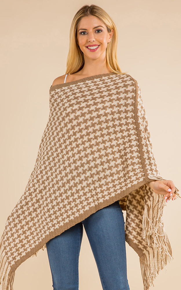 Houndstooth Printed Poncho w/ Tassel, Camel