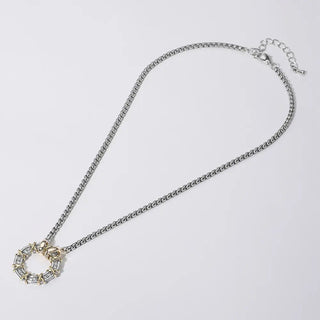 Two-Tone Channel Set CZ X Open Circle Pendant Necklace14K Gold Plated