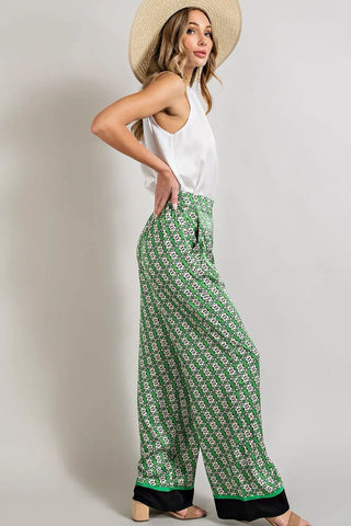 60s Floral Satin Flare Pants Kelly Green