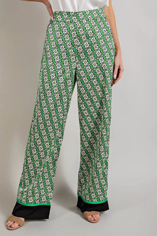 60s Floral Satin Flare Pants Kelly Green