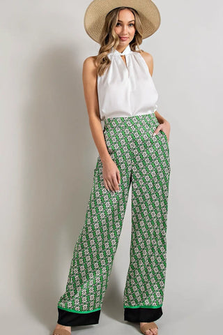 60s Floral Satin Flare Pants Kelly Green