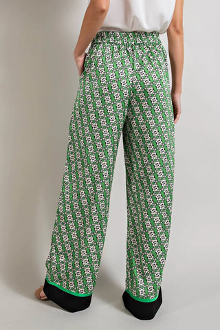 60s Floral Satin Flare Pants Kelly Green