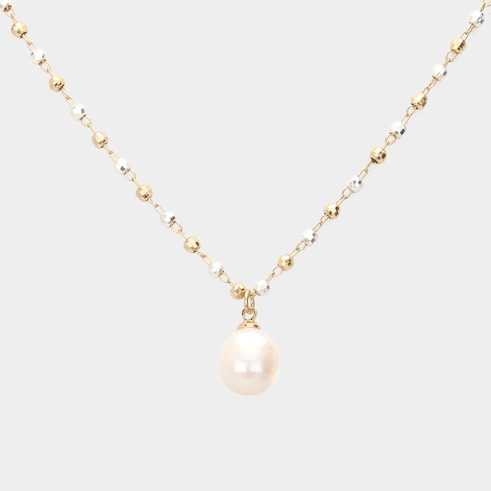 Mixed Metal Pearl Pendant Necklace, Two Tone