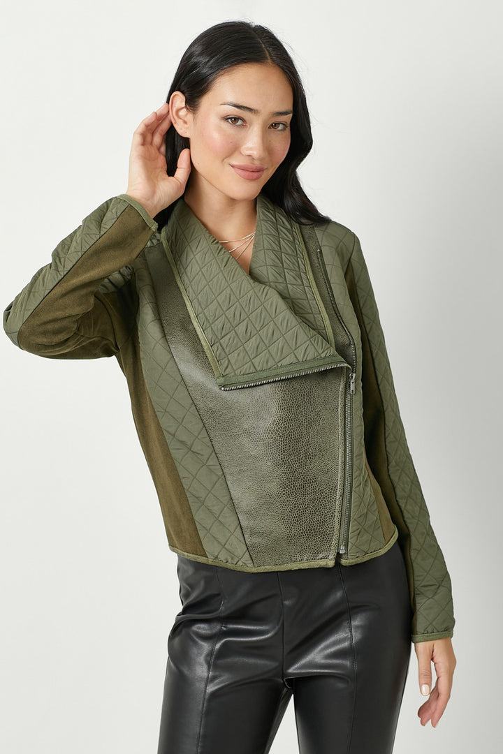 Faux Snake Quilted Asymmetrical Zip Jacket, Olive