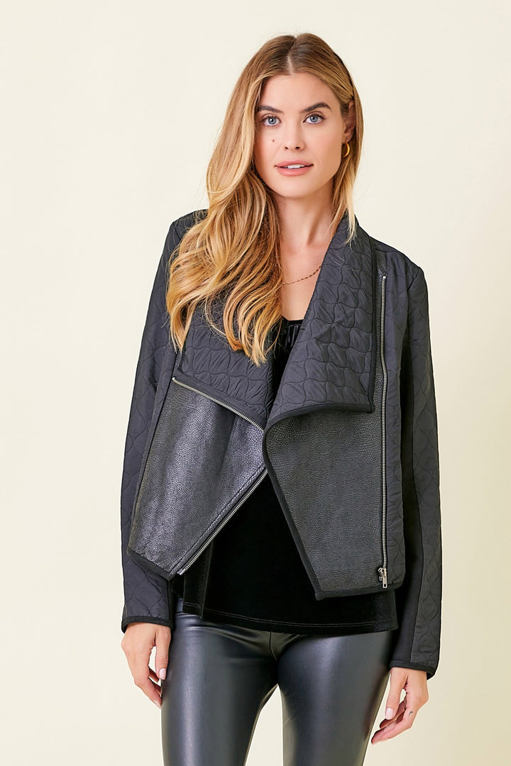 Faux Snake Quilted Asymmetrical Zip Jacket, Black