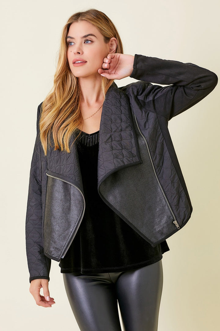 Faux Snake Quilted Asymmetrical Zip Jacket, Black
