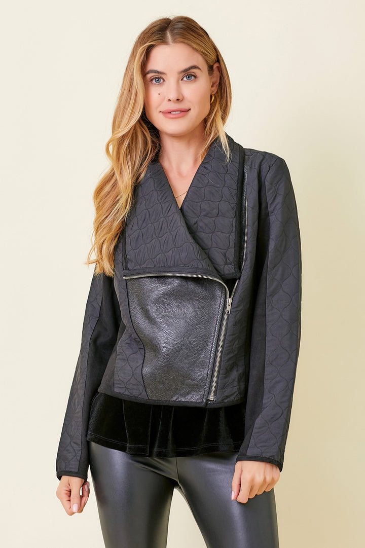 Faux Snake Quilted Asymmetrical Zip Jacket, Black