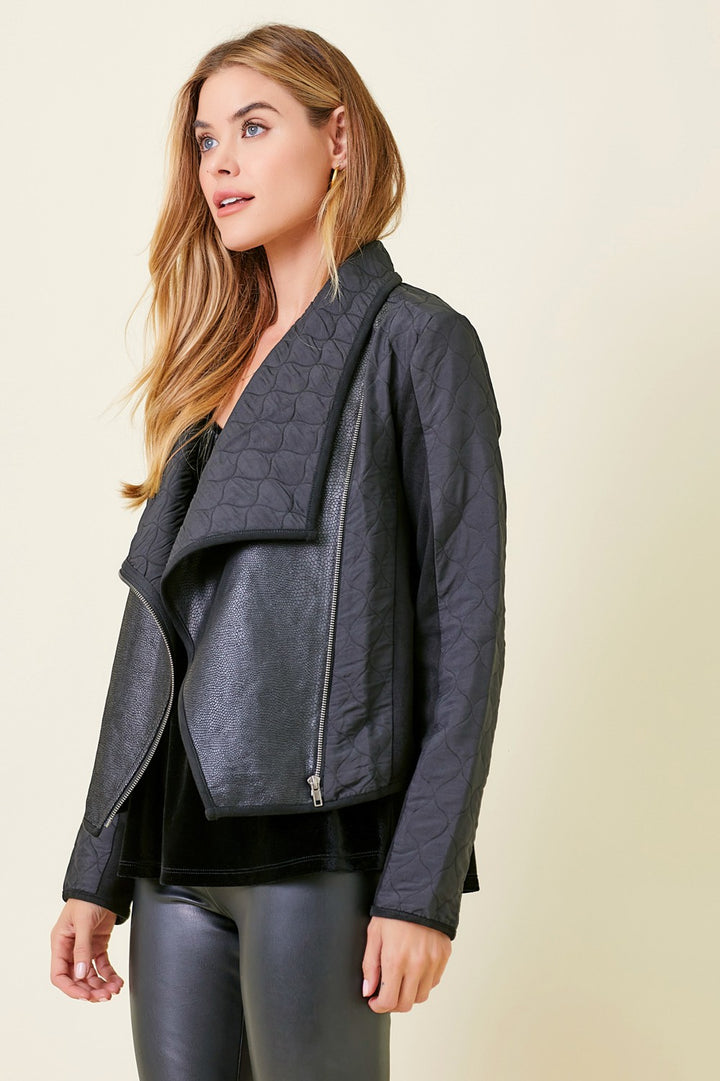 Faux Snake Quilted Asymmetrical Zip Jacket, Black