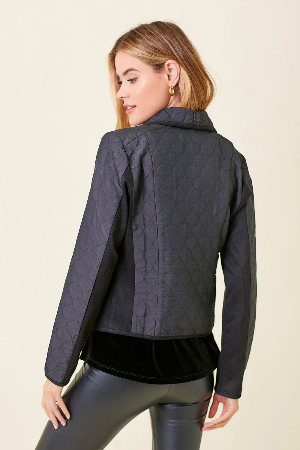 Faux Snake Quilted Asymmetrical Zip Jacket, Black