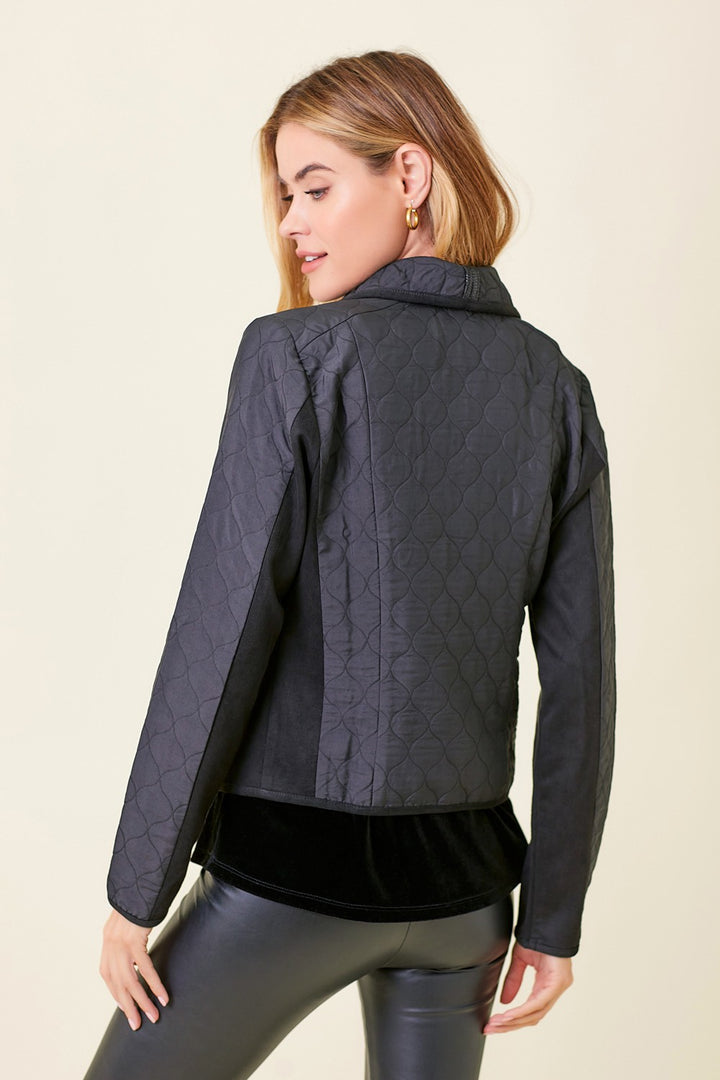 Faux Snake Quilted Asymmetrical Zip Jacket, Black