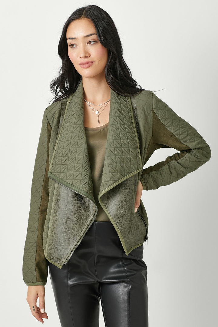 Faux Snake Quilted Asymmetrical Zip Jacket, Olive