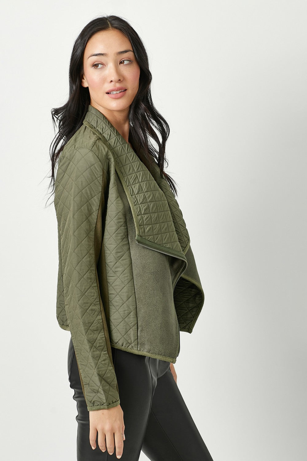 Faux Snake Quilted Asymmetrical Zip Jacket, Olive