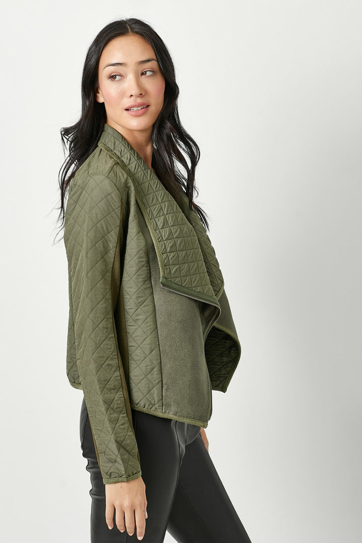 Faux Snake Quilted Asymmetrical Zip Jacket, Olive