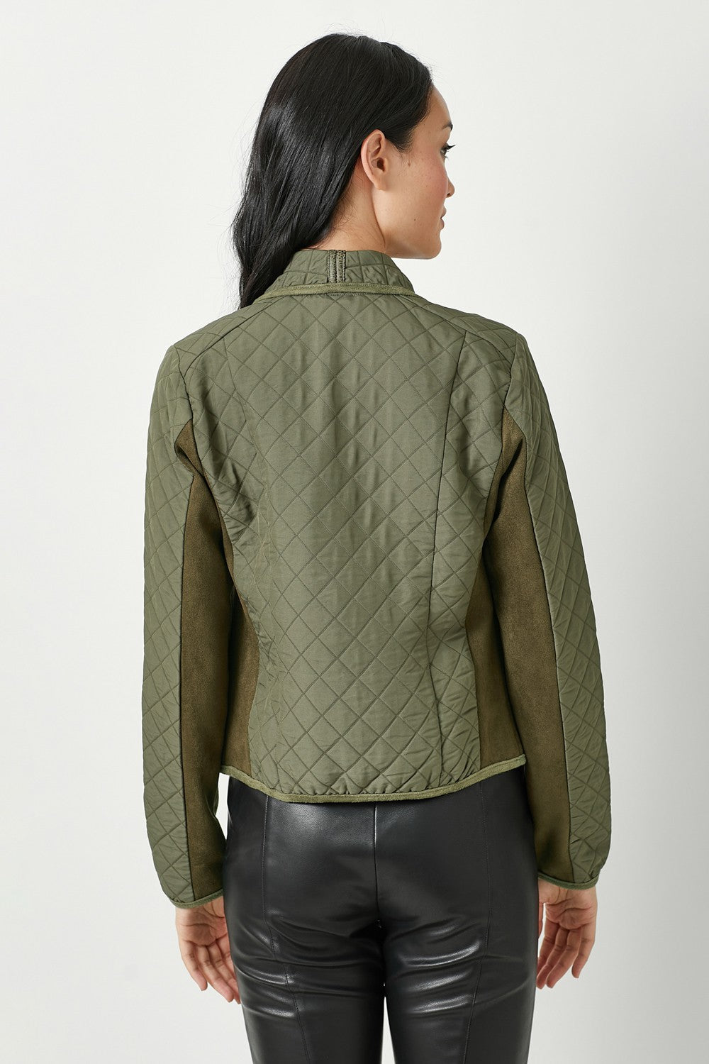 Faux Snake Quilted Asymmetrical Zip Jacket, Olive