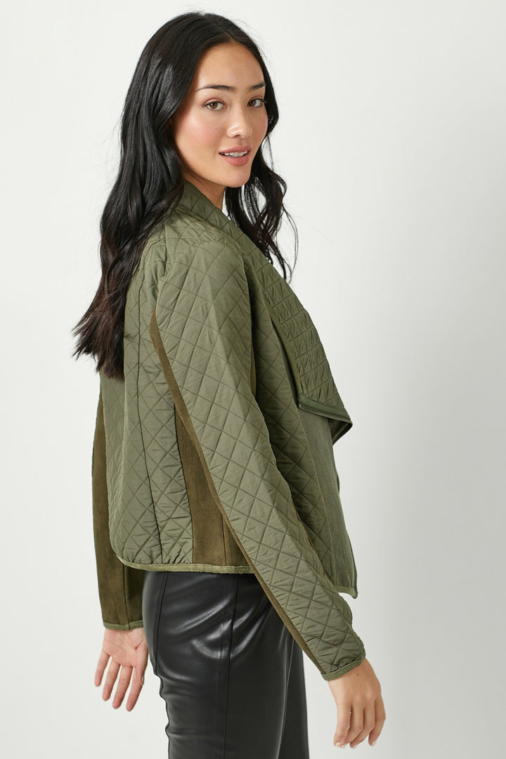 Faux Snake Quilted Asymmetrical Zip Jacket, Olive