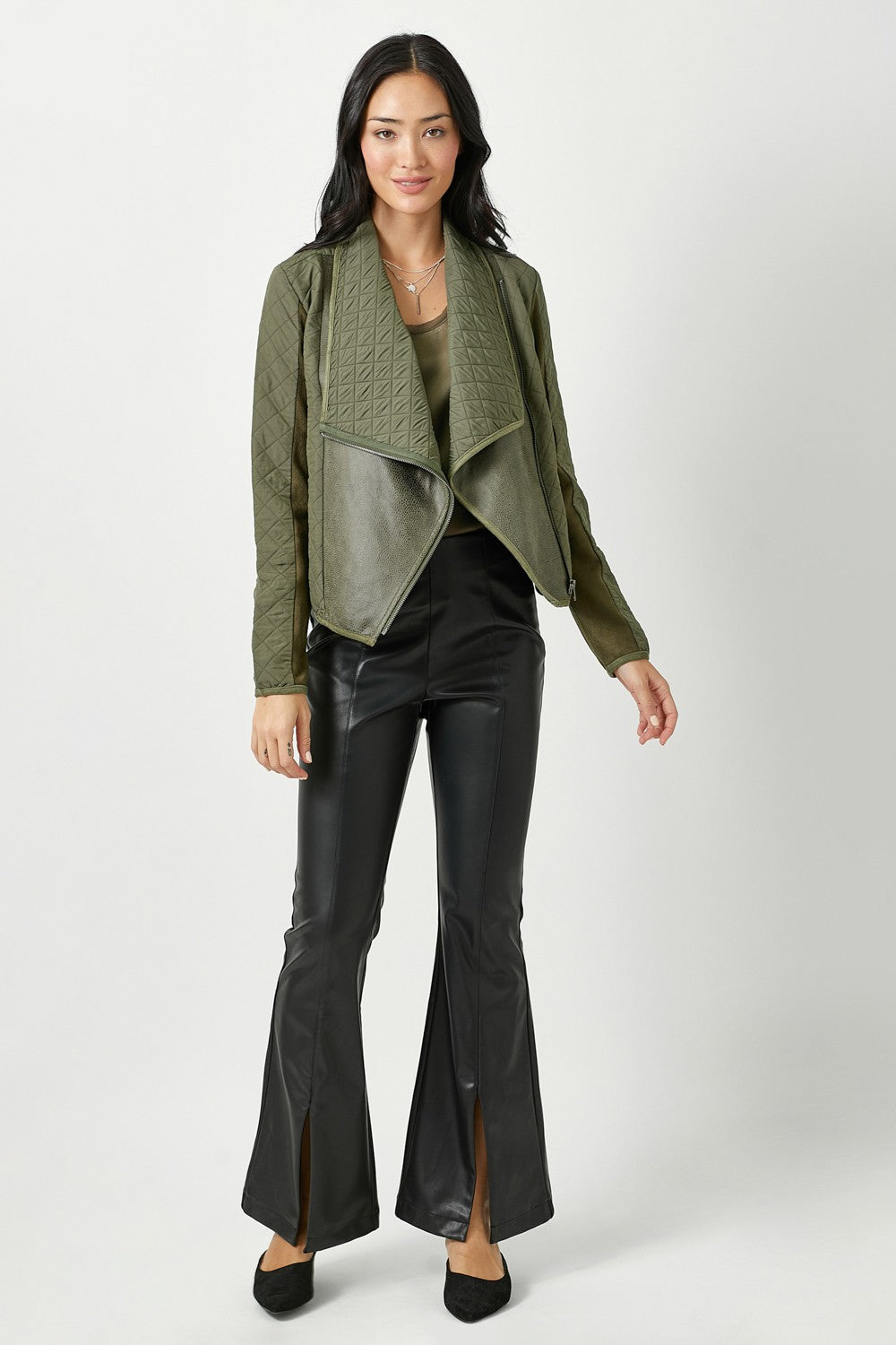 Faux Snake Quilted Asymmetrical Zip Jacket, Olive