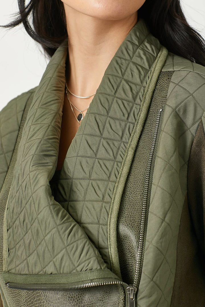 Faux Snake Quilted Asymmetrical Zip Jacket, Olive