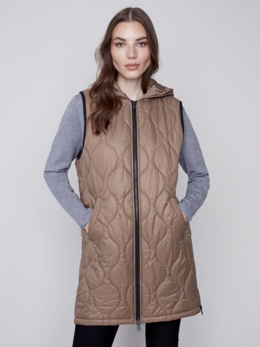 Charlie B Long Quilted Puffer Vest w/ Hood