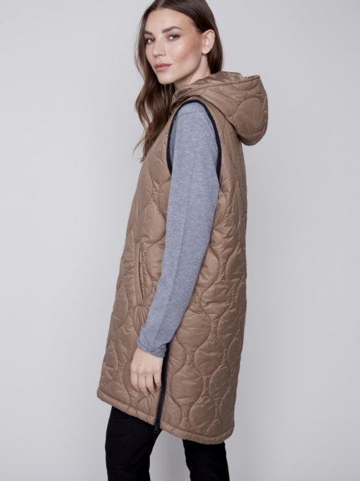 Charlie B Long Quilted Puffer Vest w/ Hood