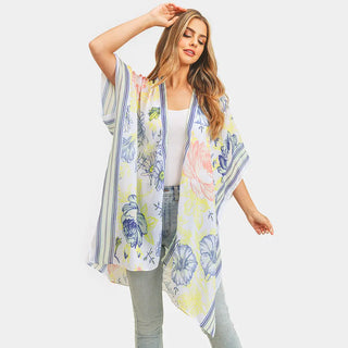 Floral Kimono with Striped Border Blue Lime