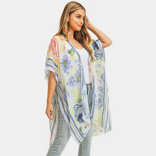 Floral Kimono with Striped Border Blue Lime