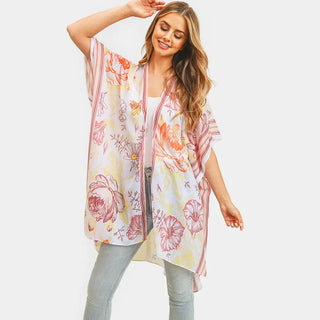 Floral Kimono with Striped Border Pale Pink Yellow