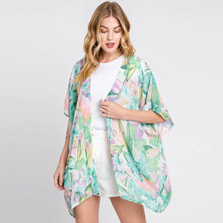 Flower and Leaf Chiffon Kimono Lavender Green