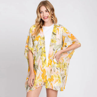 Flower and Leaf Chiffon Kimono Yellow and Green