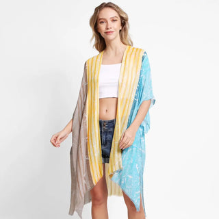 Blue, Khaki, and Yellow Paisley Stripe Kimono Cover Up