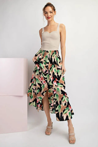 Button Down Black Floral Maxi Skirt with Hem Ruffle