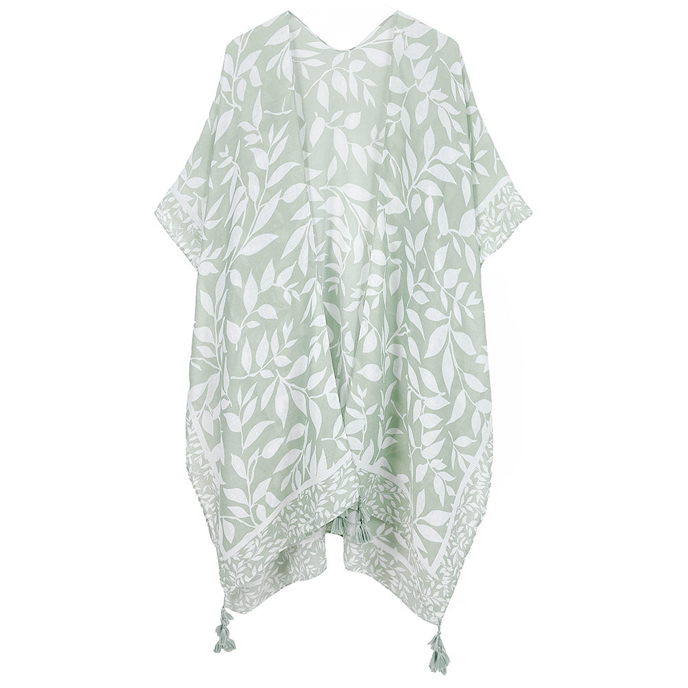 Leaf Print Kimono w/ Tassels One Size