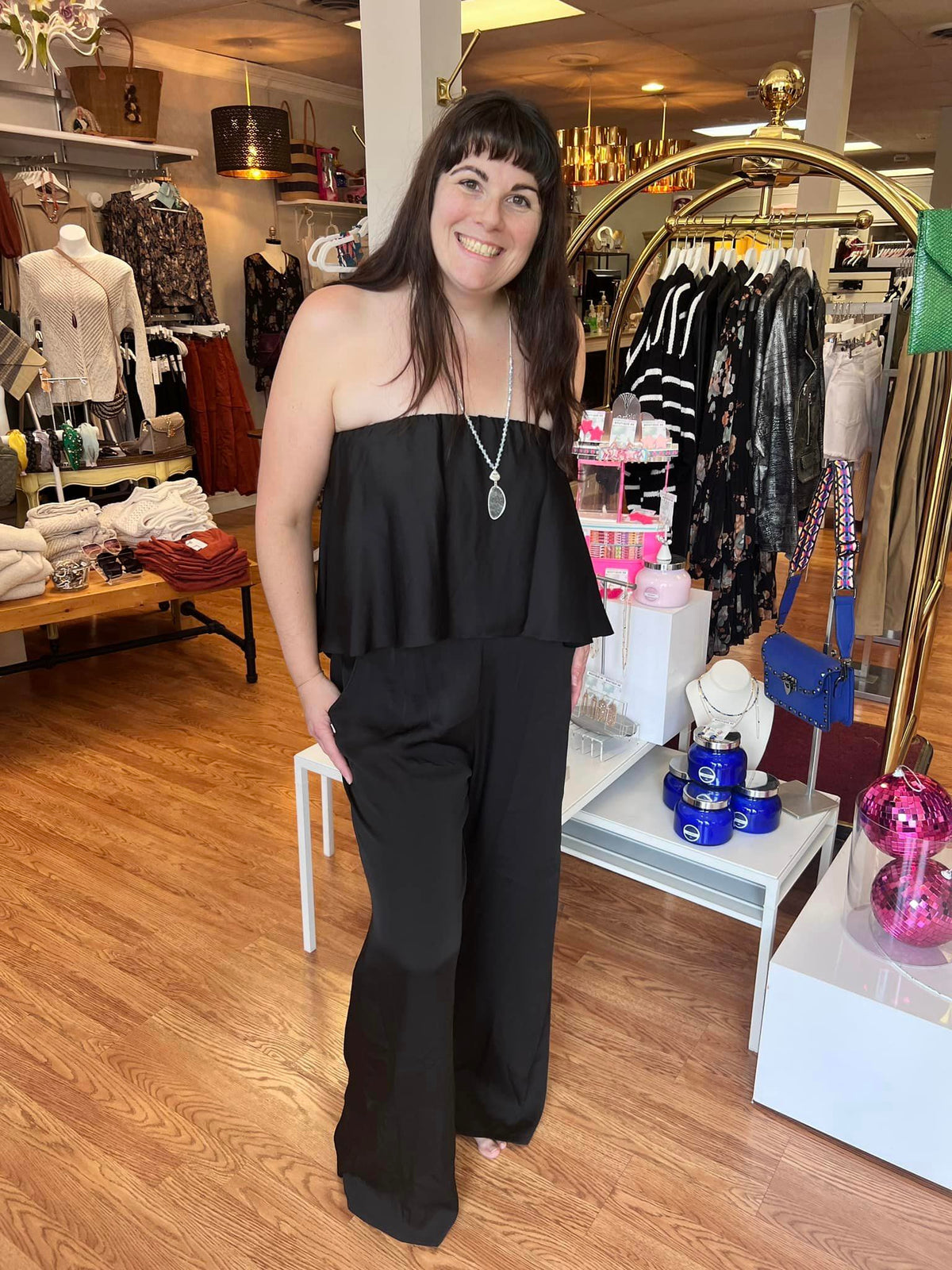Strapless Satin Jumpsuit w/ Pockets