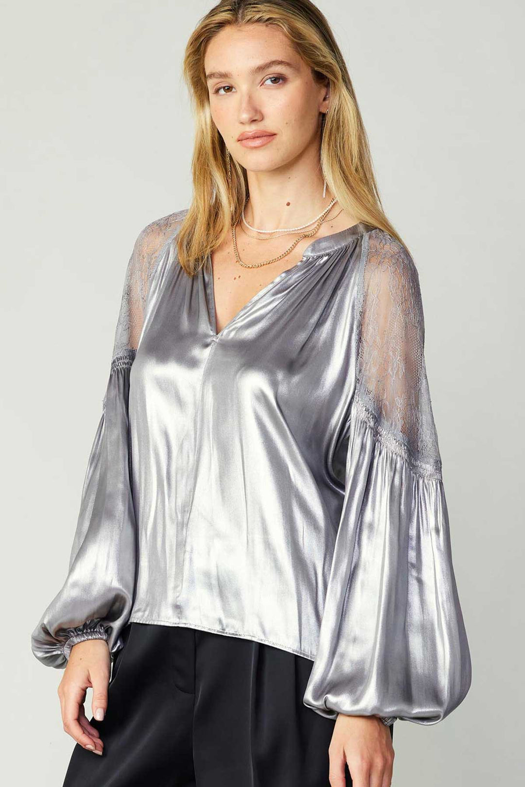 Metallic Lace Shoulder Blouse, Silver