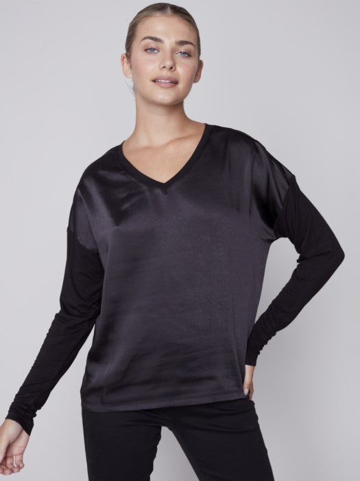 Dual Textured V Neck Knit Top, Black