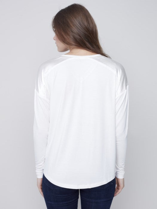 Dual Textured V Neck Knit Top, Ecru
