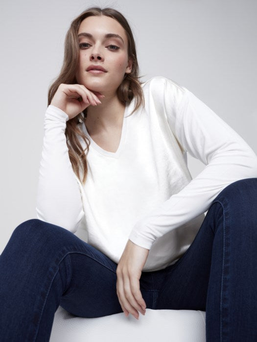 Dual Textured V Neck Knit Top, Ecru
